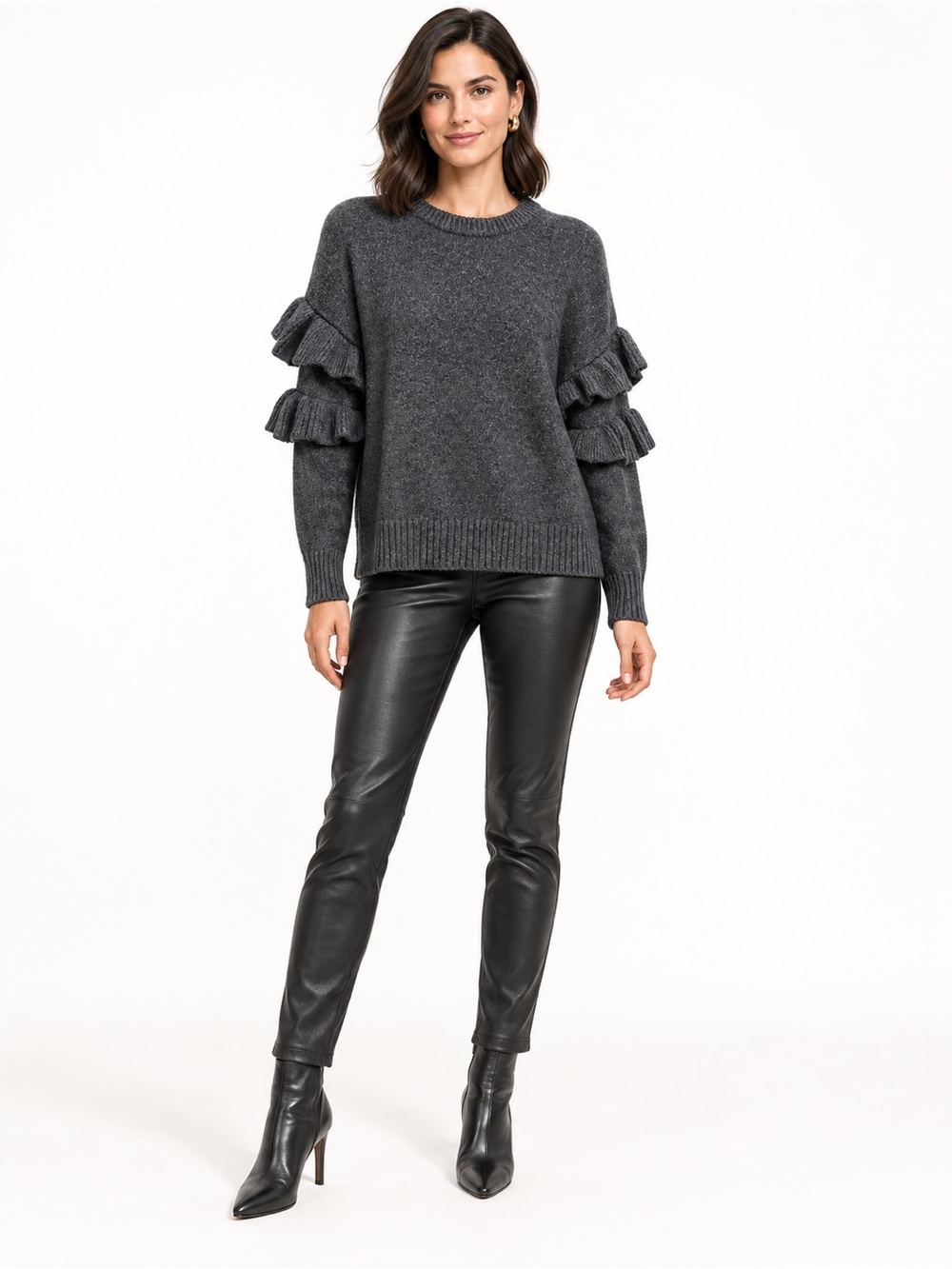 🌺 Cinq à Sept Mona Charcoal Ruffle-Sleeve Wool-Blend Sweater